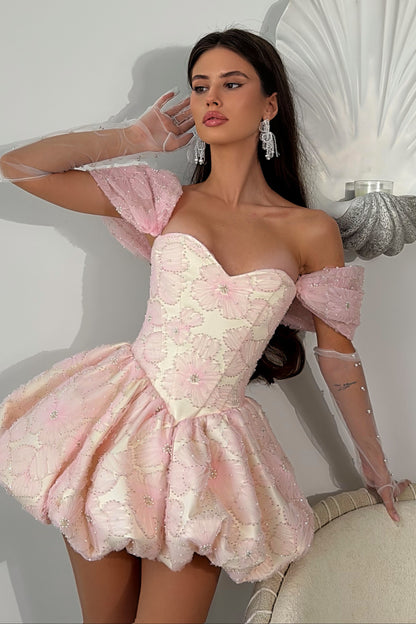 Off-the-Shoulder Floral Corset Bubble Mini Dress