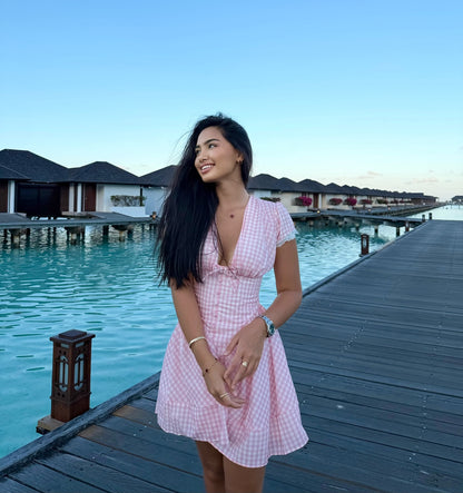 Gingham Plunge Neck Cap Sleeve Mini Dress