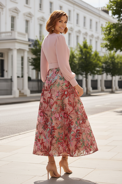 Long Sleeve Wrap Bodice Sequin Floral Belted Dress