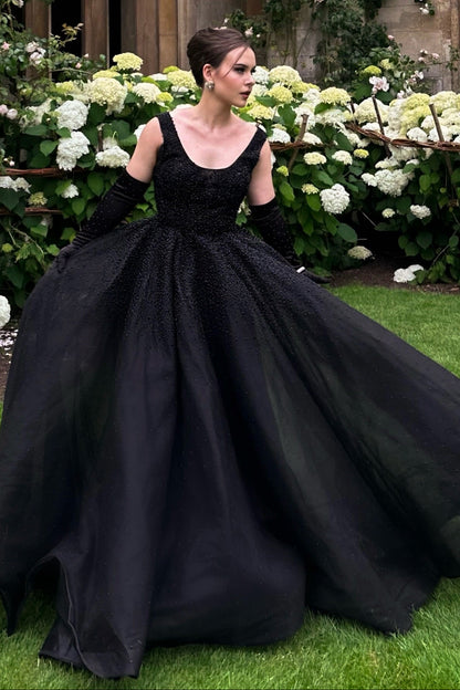 Sleeveless Scoop Neck Beaded Ball Gown Evening Dress