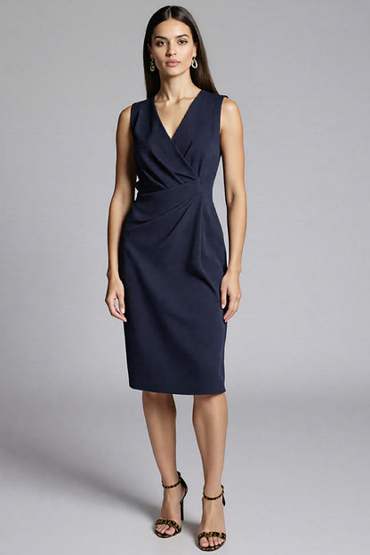 Sleeveless V-Neck Draped Midi Sheath Dress
