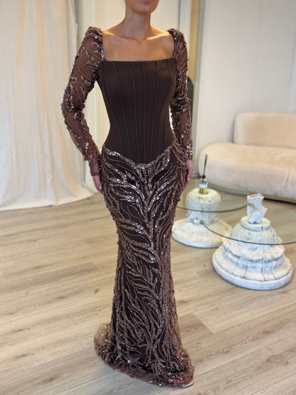 Corset Beaded Mermaid Gown with Long Sleeves