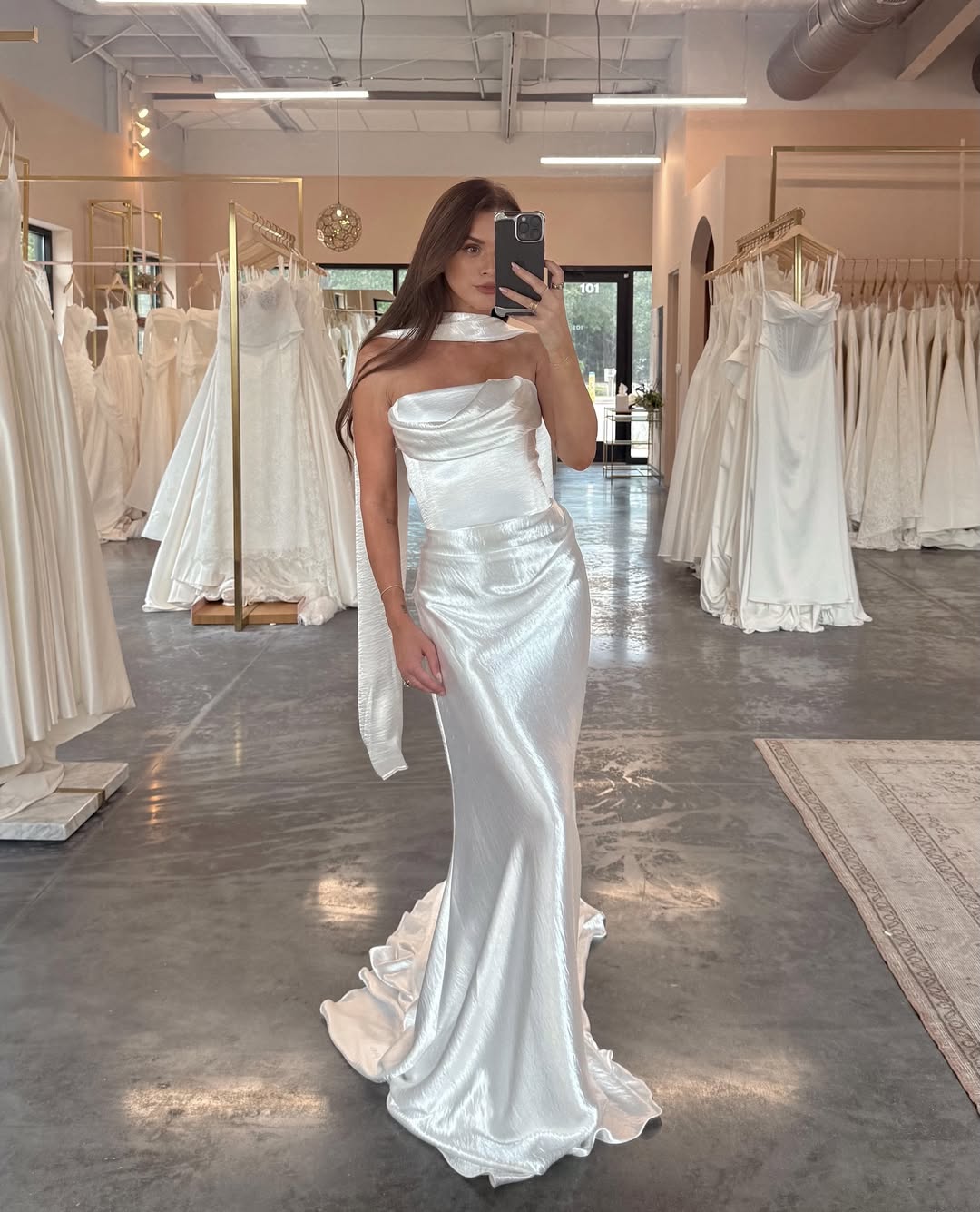Strapless Cowl Neck Satin Bridal Gown with Scarf