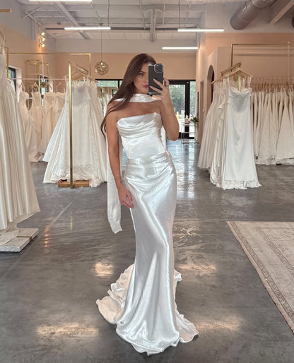Strapless Cowl Neck Satin Bridal Gown with Scarf