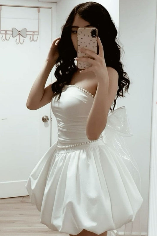 Strapless Pearl Trim Bubble Skirt Mini Dress