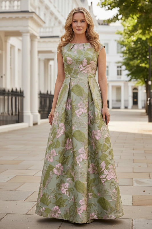 Floral Jacquard Bateau A-Line Evening Gown