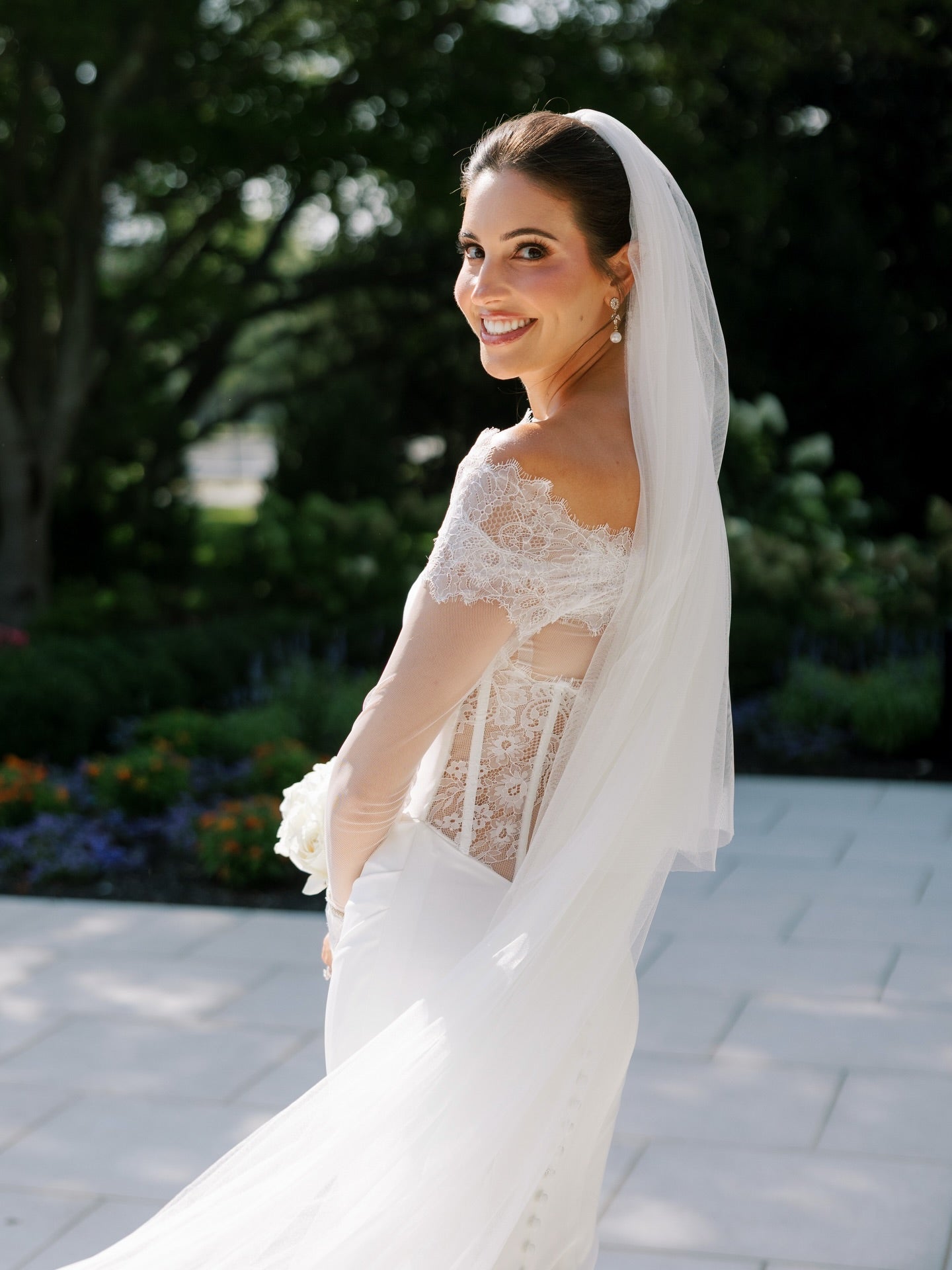 Lace Sleeve Corset Wedding Dress with Draped Skirt