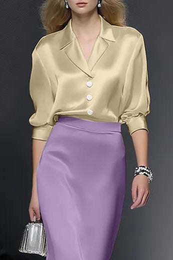 Satin Blouse and Midi Pencil Skirt Two-Piece Set