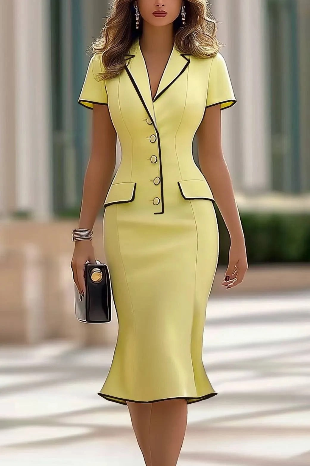 Contrast Trim Notch Lapel Midi Mermaid Dress