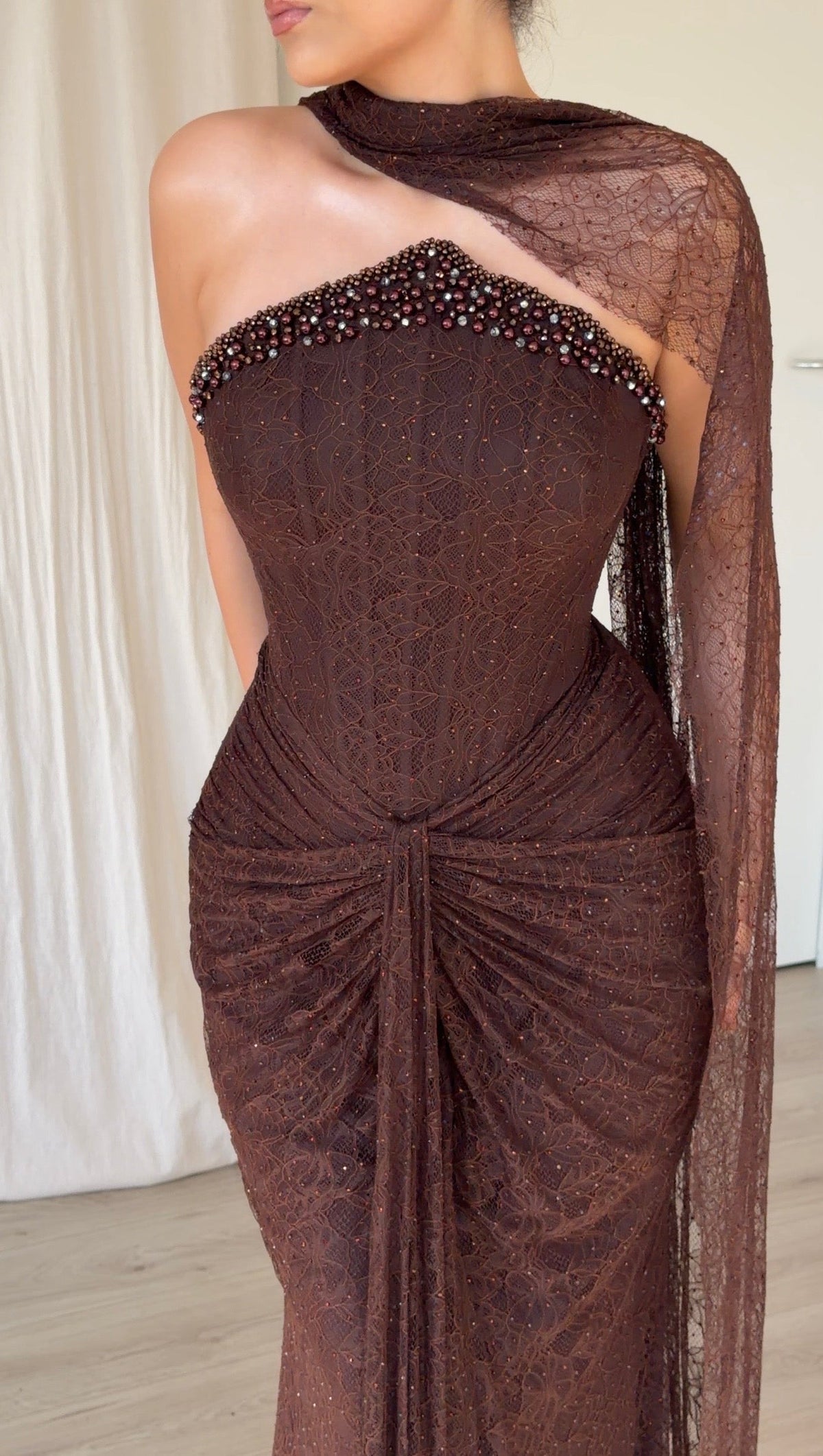 Corset Lace Gown with One-Shoulder Cape Drape