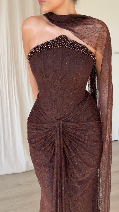 Corset Lace Gown with One-Shoulder Cape Drape