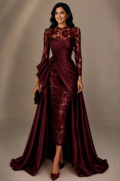 Illusion Lace Long Sleeve Gown with Detachable Overskirt