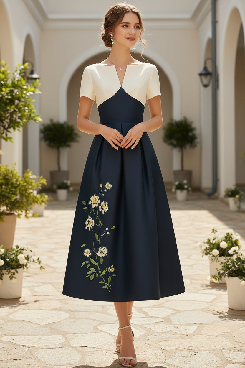 Two-Tone Navy & Ivory A-Line Tea-Length Mother of the Bride Dress with Floral Embroidery