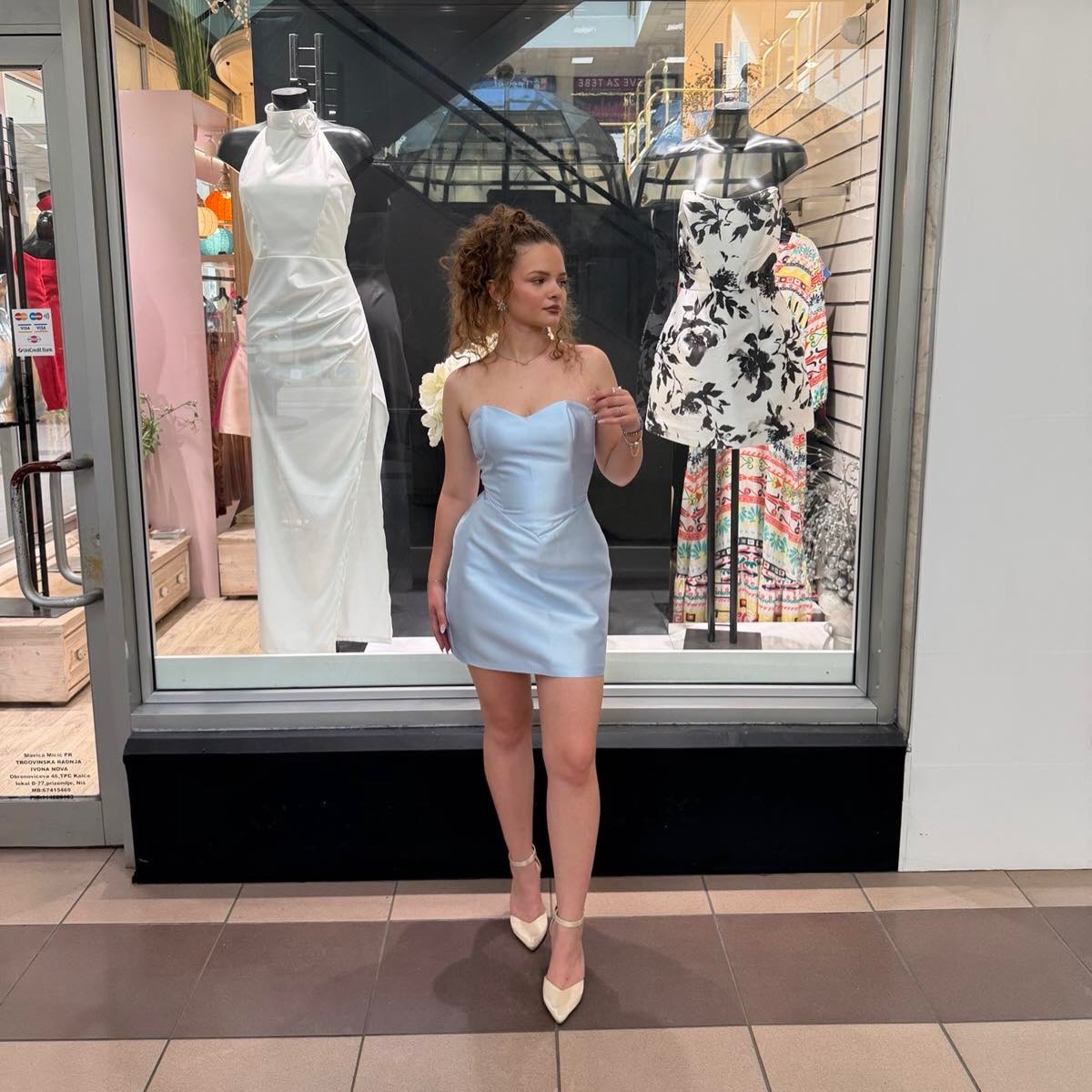 Strapless Satin Mini Dress with Lace-Up Back