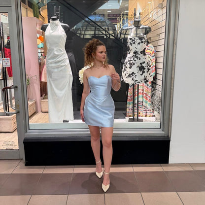 Strapless Satin Mini Dress with Lace-Up Back