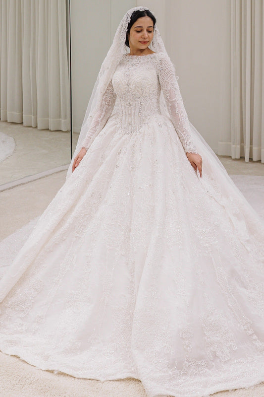 Cathedral Train Long Sleeve Lace Ball Gown Wedding Dress