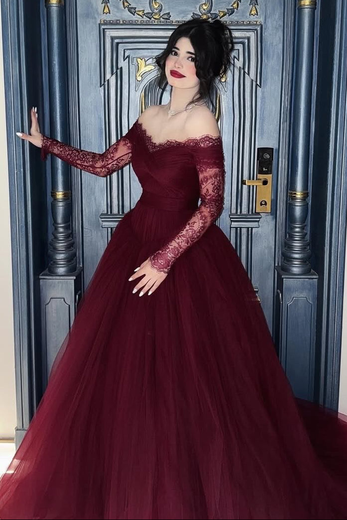 Off-Shoulder Lace Sleeve Ball Gown