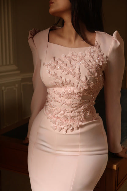 Floral Applique Mermaid Gown with Puff Long Sleeves