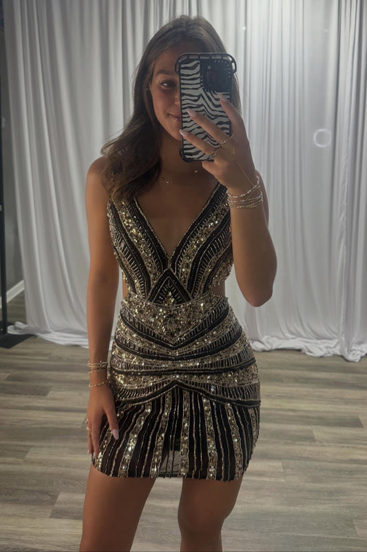 Sequined Deep V-Neck Backless Bodycon Dress