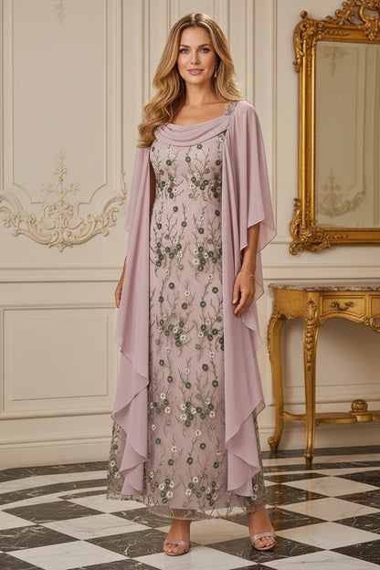 Floral Embroidered Sheath Dress with Chiffon Shawl