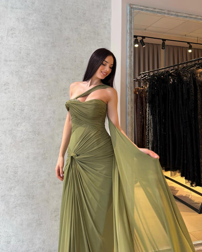 Asymmetrical Ruched Evening Gown with Cape