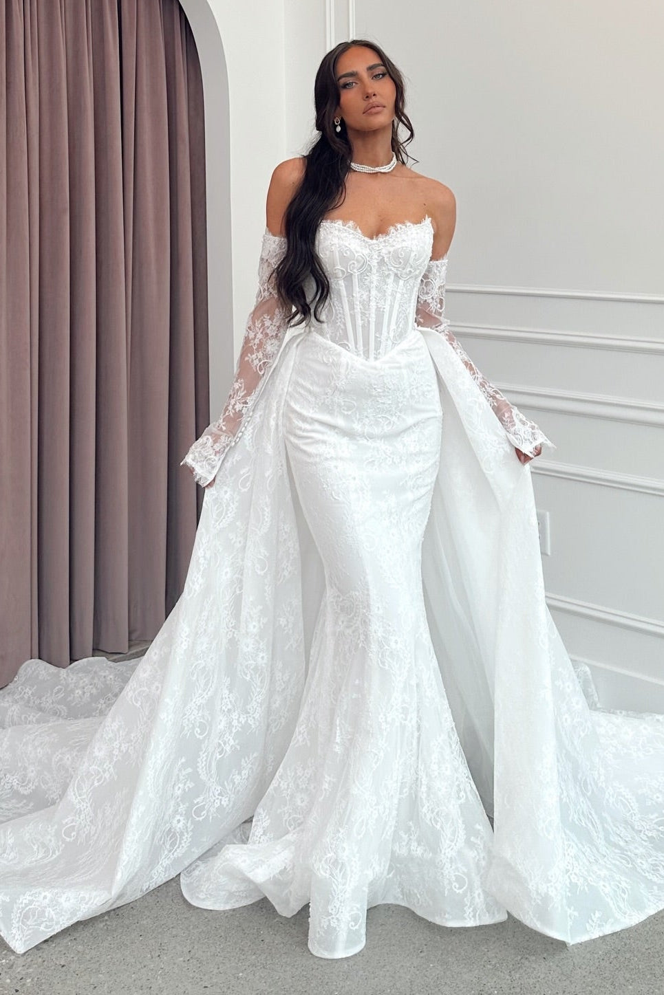 Lace Mermaid Wedding Dress with Detachable Overskirt