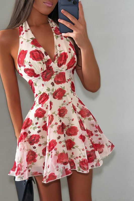 Floral Halter Neck Fit and Flare Mini Dress