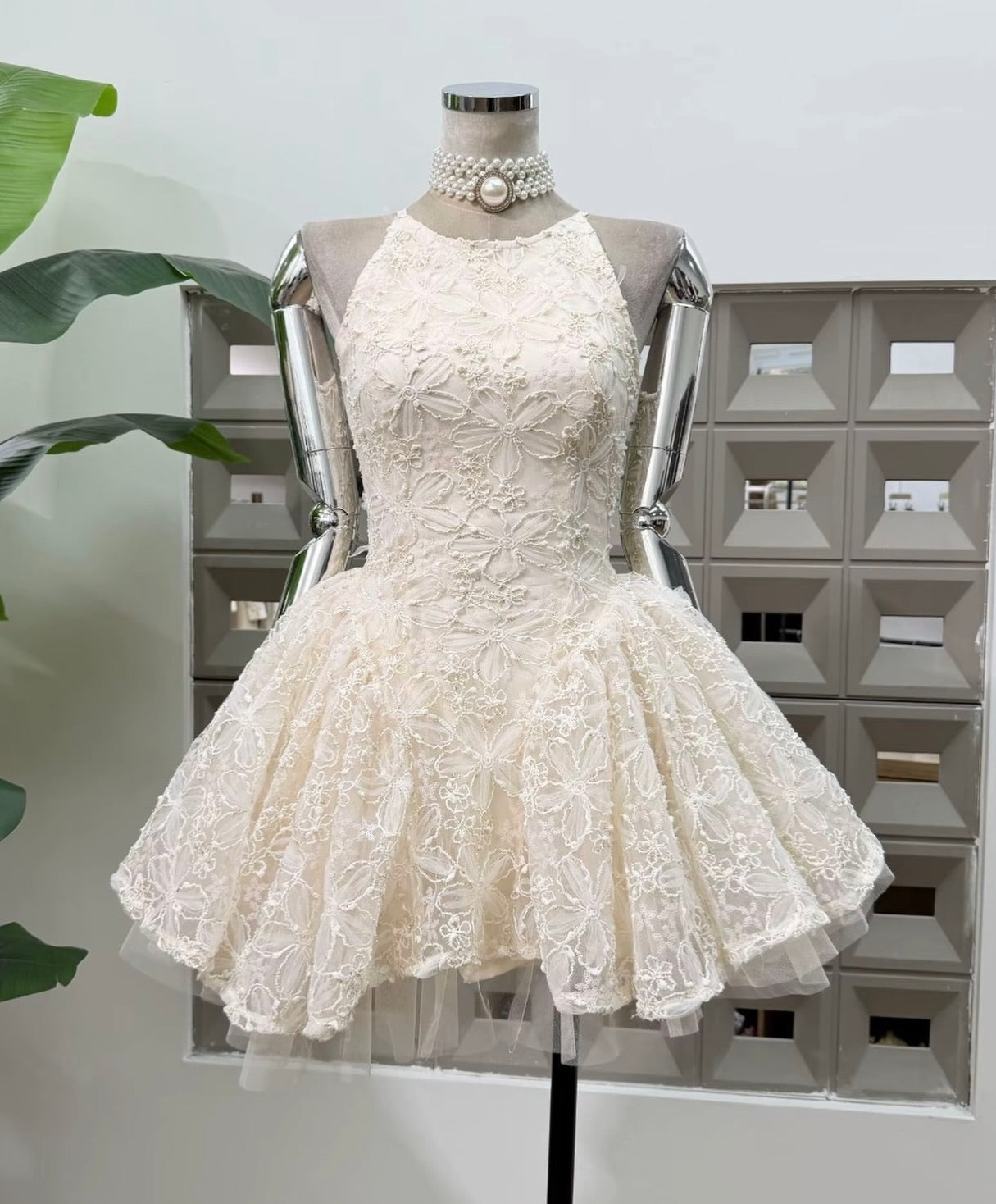 Floral Lace Halter Mini Dress with Tulle Hem
