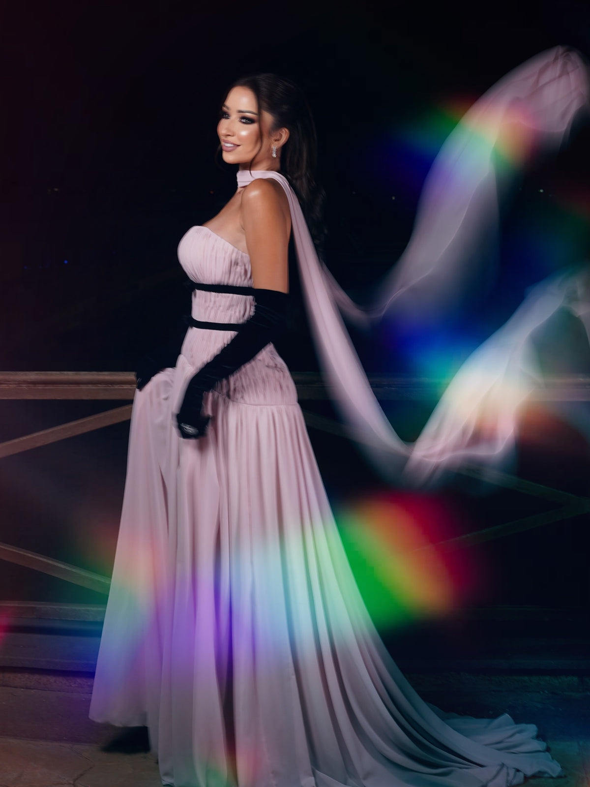 Strapless Pleated Gown with Bow Accent & Scarf