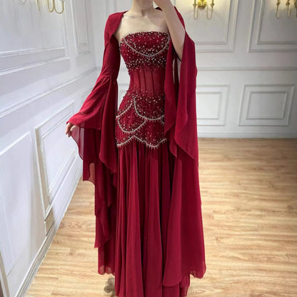 Embellished Corset Evening Gown with Bell Sleeve Jacket