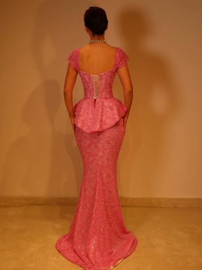 Pearl Beaded Mermaid Evening Gown with Peplum