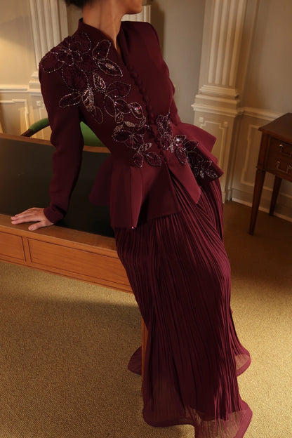 Embroidered Peplum Evening Gown with Pleated Skirt