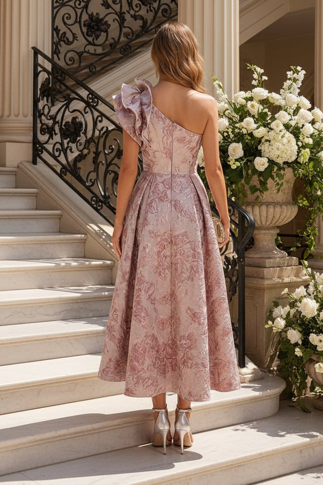 One-Shoulder Ruffled Floral Jacquard Midi Dress