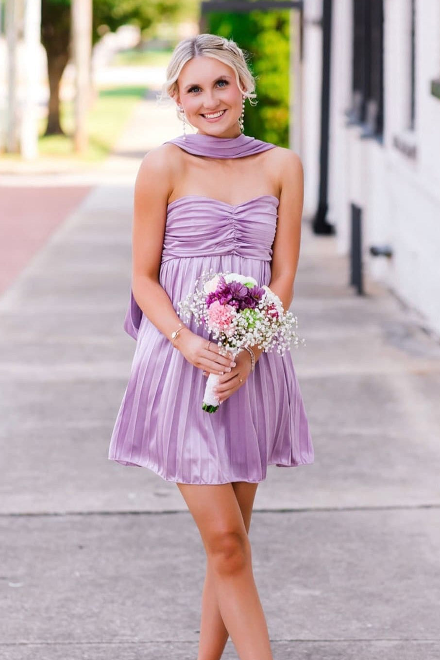 Pleated Strapless Mini Dress with Scarf