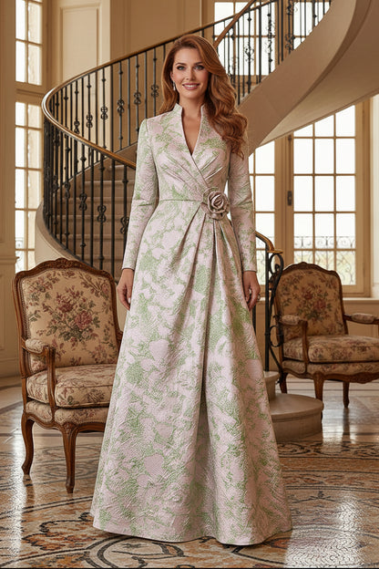 Jacquard High-Neck A-Line Gown with 3D Flower