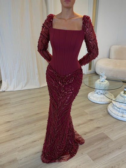 Corset Beaded Mermaid Gown with Long Sleeves