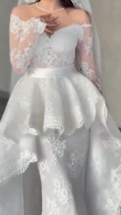 Off-Shoulder Lace Mermaid Wedding Dress with Overskirt