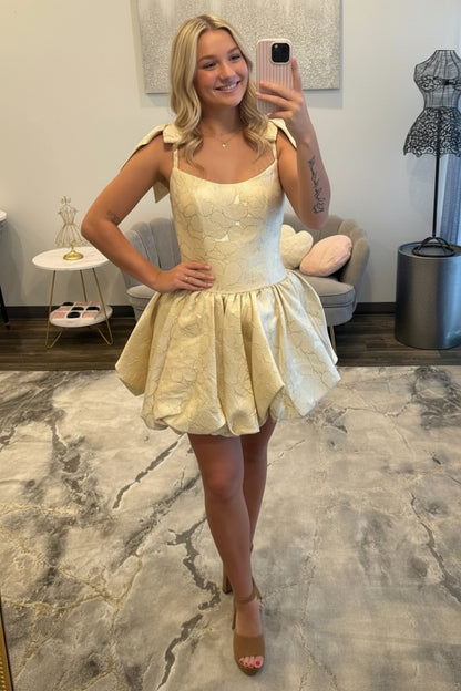 Jacquard Bubble Skirt Mini Dress with Shoulder Bows