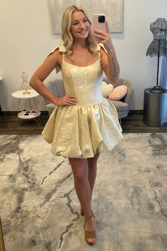 Jacquard Bubble Skirt Mini Dress with Shoulder Bows