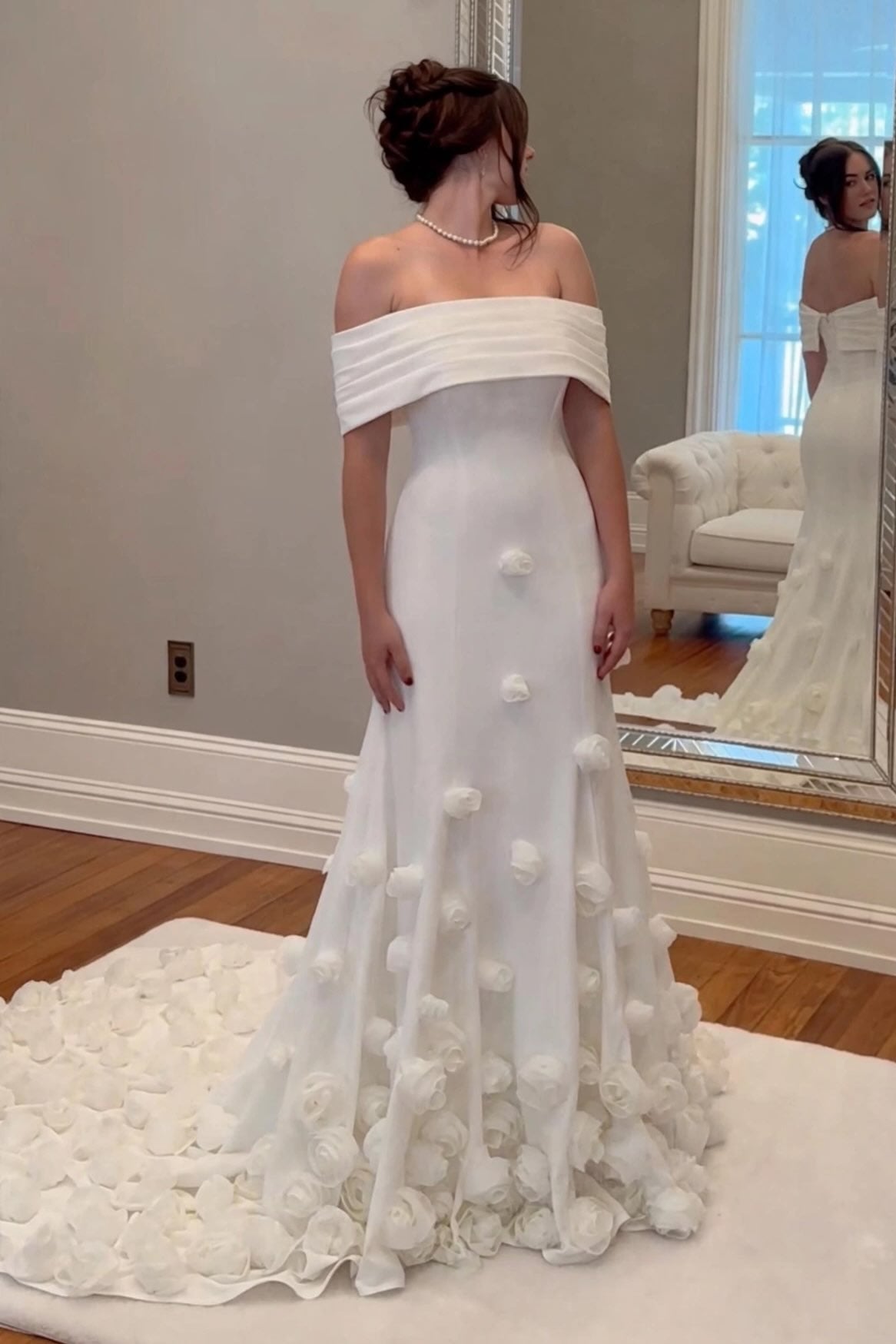 Off-the-Shoulder 3D Floral Train Wedding Dress