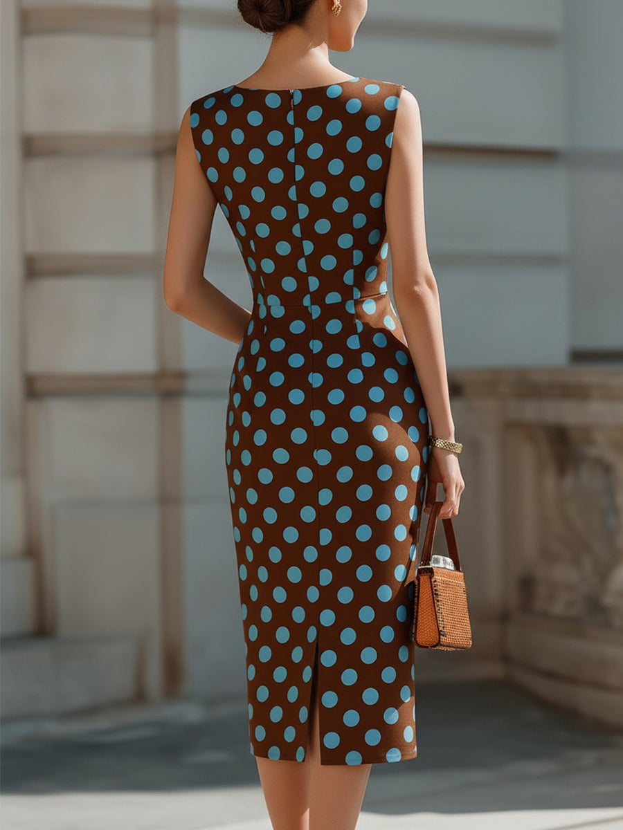 Polka Dot Sleeveless Bateau Neck Midi Sheath Dress