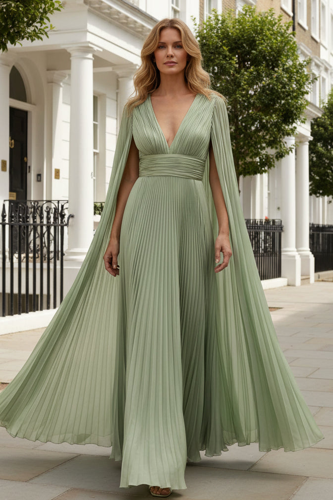 Pleated V-Neck Gown with Dramatic Cape