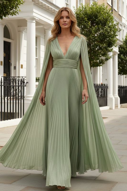 Pleated V-Neck Gown with Dramatic Cape