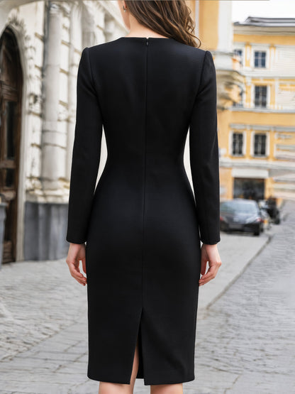Long Sleeve Button Accent Midi Sheath Dress