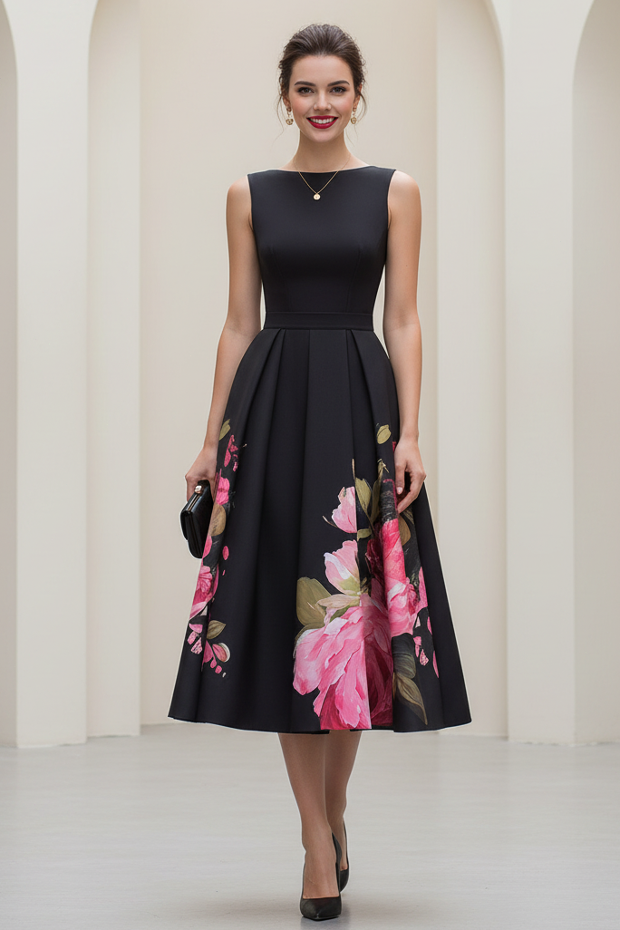 Floral Print Pleated A-Line Midi Dress