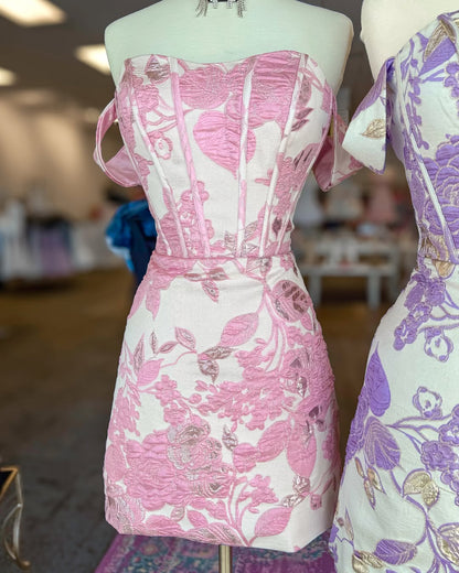 Floral Jacquard Off-Shoulder Corset Mini Dress