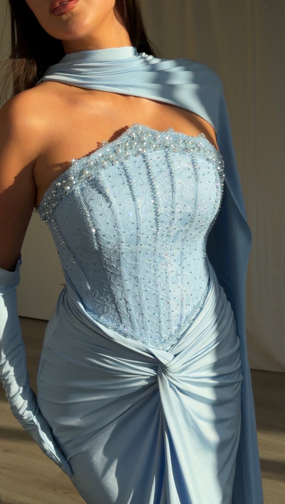 Beaded Corset Gown with Draped Cape and Gloves