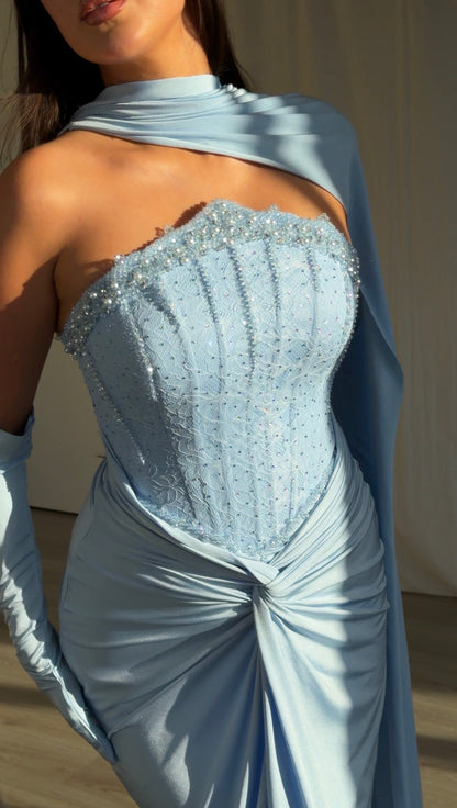 Beaded Corset Gown with Draped Cape and Gloves