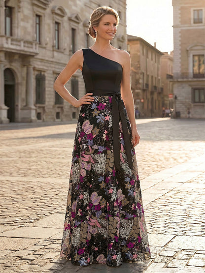 One-Shoulder Floral Embroidered A-Line Gown