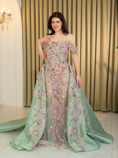 Floral Embroidered Gown with Detachable Overskirt